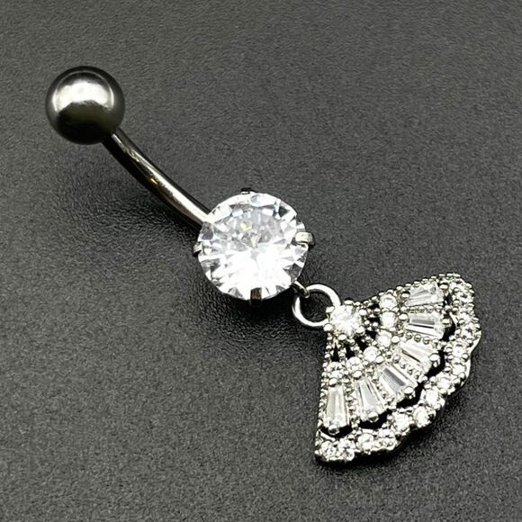 316L Stainless Steel with White Diamond Cubic Zirconia Dangling Fan Belly Ring - Picture 1 of 7